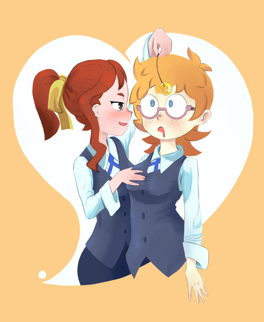 blush breast_grab coin drool female_only femdom femsub glasses glatu hannah_england little_witch_academia lotte_yanson orange_hair pendulum red_hair yuri