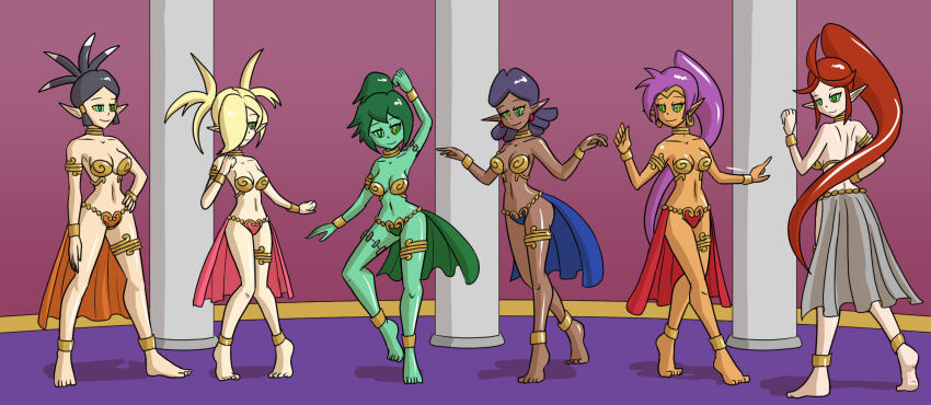 anklet arm_bands arms_above_head bare_legs barefoot black_hair blonde_hair bracelet cleavage clothed collar collarbone dancing dark_skin earrings elf_ears female_only femsub green_hair green_skin hair_covering_one_eye hand_on_hip happy_trance harem harem_outfit harmony_(shantae) heavy_eyelids jewelry kaa_eyes light_skin long_hair multiple_girls multiple_subs mythkaz navel plink_(shantae) ponytail purple_hair red_hair rottytops shantae shantae_(series) smile stage standing tan_skin tiptoes twintails vera_(shantae) very_long_hair wayforward zapple_(shantae)