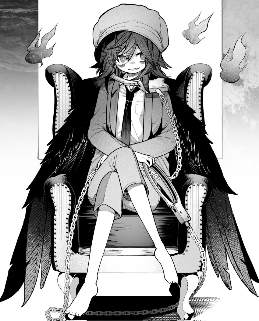 akimaki_yuu alternate_costume aura aya_shameimaru barefoot bird_girl blush chair crossed_legs evil_smile female_only femdom femsub flame glowing glowing_eyes greyscale handcuffs happy_trance hat mizuchi_miyadeguchi official pants possession sitting smile source_request suit tie touhou wings