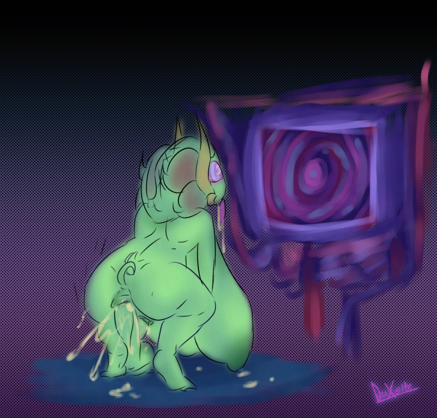 cum drool duxeite feet femengumisi goblin_girl green_skin huge_breasts hyper_breasts hypnotic_screen legs milk monster_girl nipples original pink_eyes self_hypnosis sex_toy signature squatting subliminal tongue tongue_out