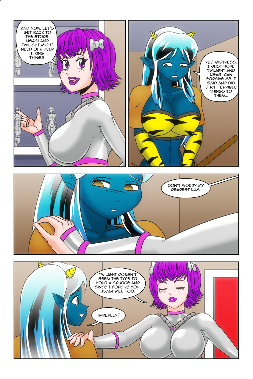 alien_girl blue_skin bow breasts brown_eyes cleavage closed_eyes comic dialogue dress elf_ears empty_eyes english_text femdom femsub freckles happy_trance horns kimberly_smith_(daveyboysmith9) large_breasts lipstick long_hair lum makeup midriff multicolored_hair oni_girl open_mouth original posing princess purple_eyes purple_hair purple_lipstick short_hair smile speech_bubble standing story text thighhighs thighs tiger_print urusei_yatsura wadevezecha