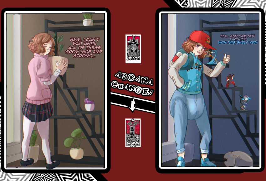 age_regression altered_common_sense before_and_after bodysuit brain_drain brown_hair cap dialogue diaper femsub haru_okumura hat nebulaaxatotol persona_(series) persona_5 persona_5_royal shoes skirt sweater tagme text tights