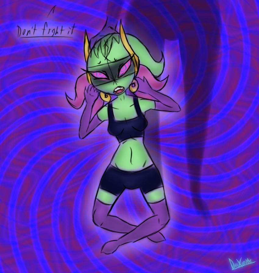 clothed crop_top duxeite femengumisi green_skin hypnotic_accessory hypnotic_eyes legs original pink_eyes shorts small_breasts spiral_background visor