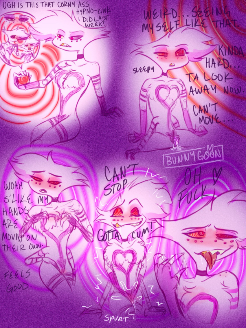 angel_dust_(hazbin_hotel) dialogue hazbin_hotel male_only malesub masturbation sleepy spiral spiral_eyes text venomwithinher666