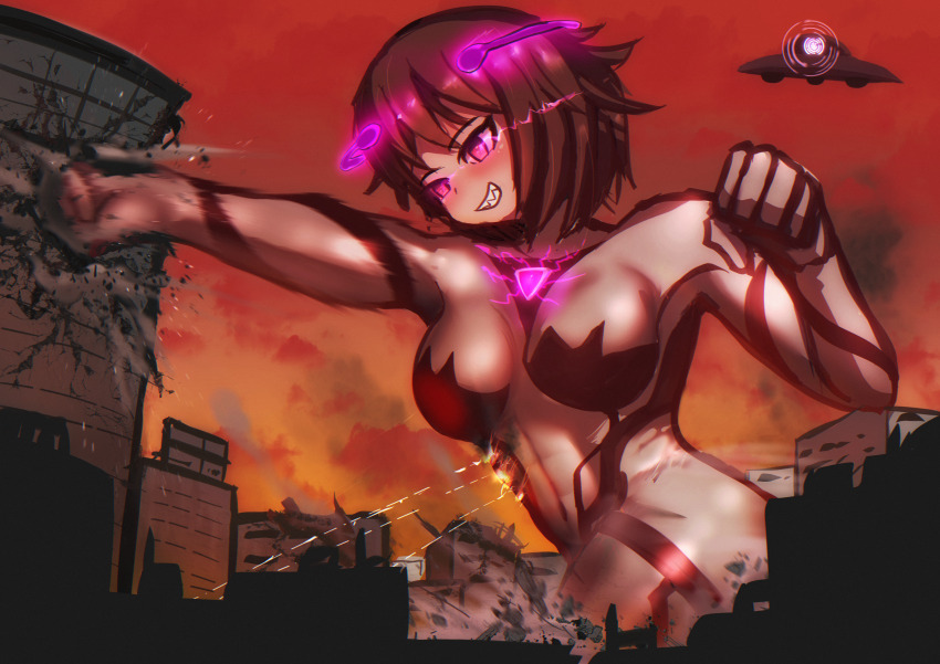 alien blush bodysuit breasts brown_hair control_indicator electricity female_only femdom femsub giantess glowing glowing_eyes happy_trance hypnotized_dom large_breasts norurinoruri original personification pink_eyes short_hair smile tight_clothing ultraman