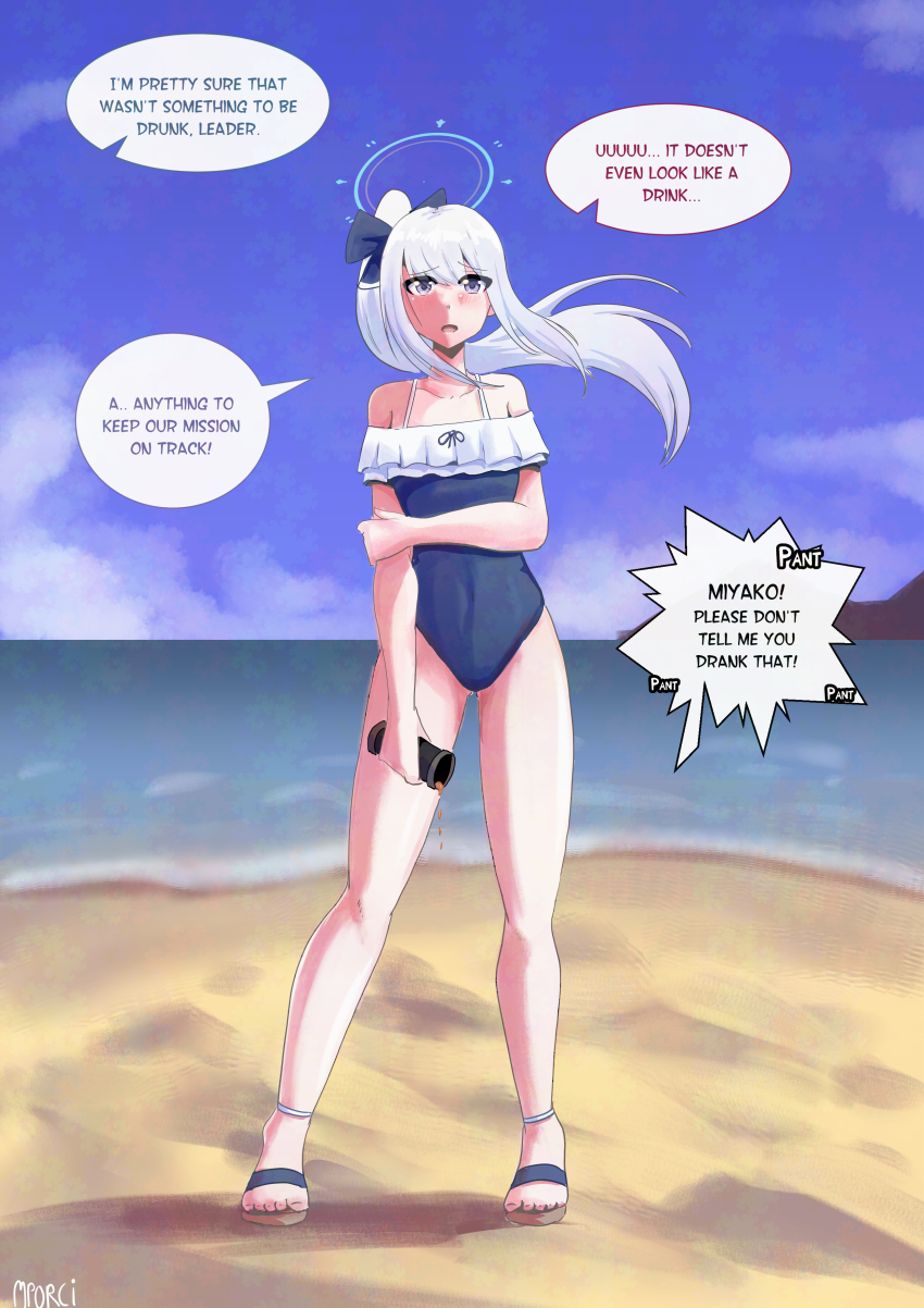 absurdres aware beach blue_archive collarbone dialogue embarrassed english_text eyebrows_visible_through_hair femsub hair_ornament halo hypnotic_drink long_hair looking_at_viewer miyako_(blue_archive) mporci_tsf one-piece_swimsuit open_mouth purple_eyes ribbon sandals self_hypnosis side_ponytail signature speech_bubble swimsuit text transformation trembling white_hair