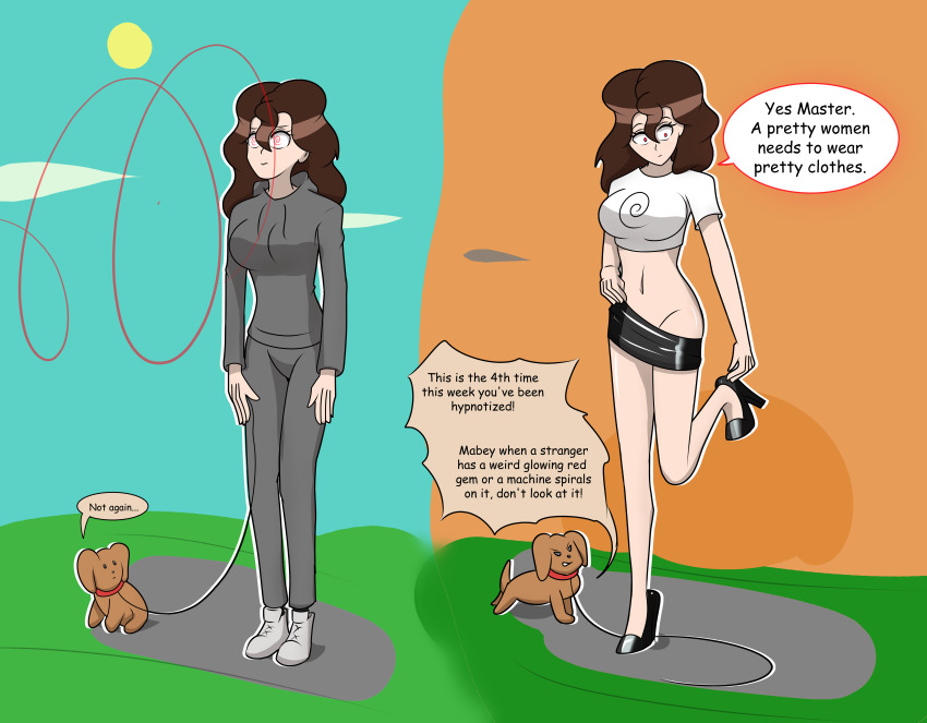aae absurdres before_and_after brown_hair comic crop_top dialogue dog dressing english_text expressionless female_only femsub high_heels humor hy2300 instant_loss long_hair maledom navel original raygun shrunken_irises skirt sneakers speech_bubble spiral_eyes standing text tracksuit
