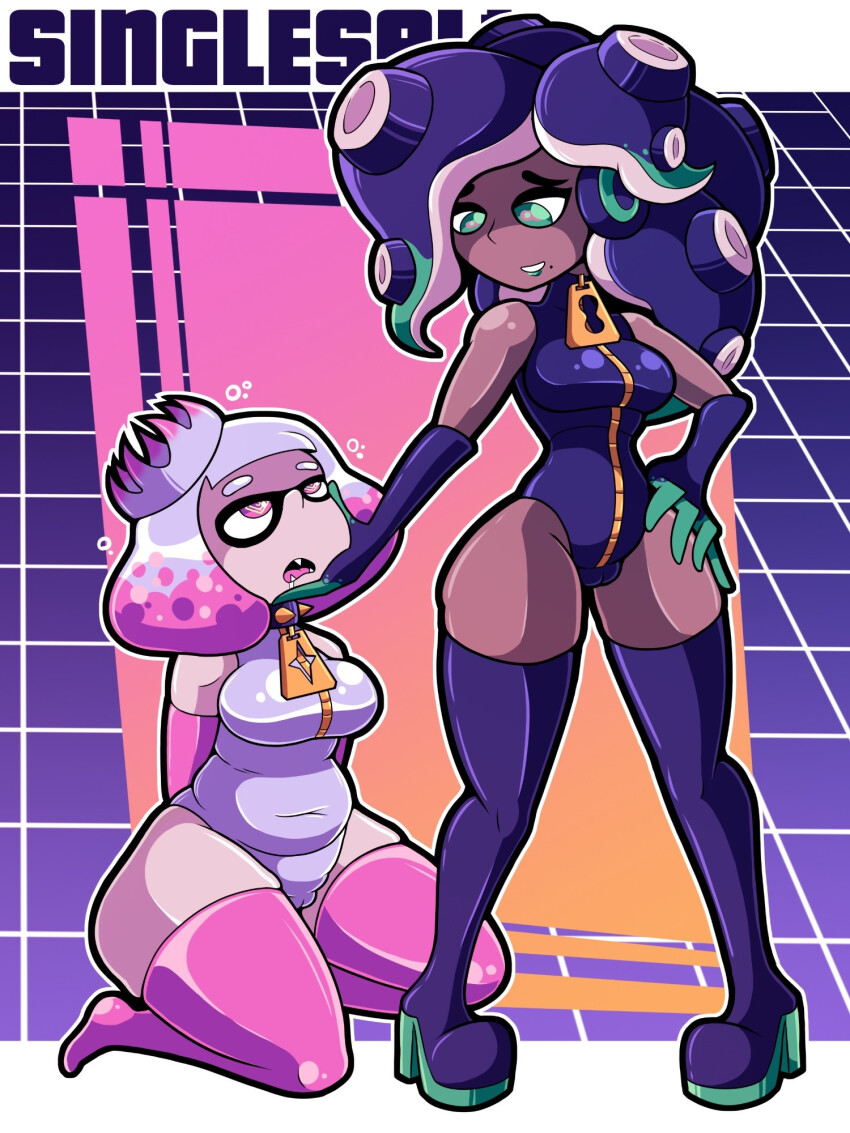 dazed drool female_only femdom femsub green_eyes hand_on_another&#039;s_cheek latex leotard marina_(splatoon) nintendo pearl_(splatoon) pink_eyes singlesalt spiral spiral_eyes splatoon splatoon_2 tentacles thigh_boots thighhighs zipper