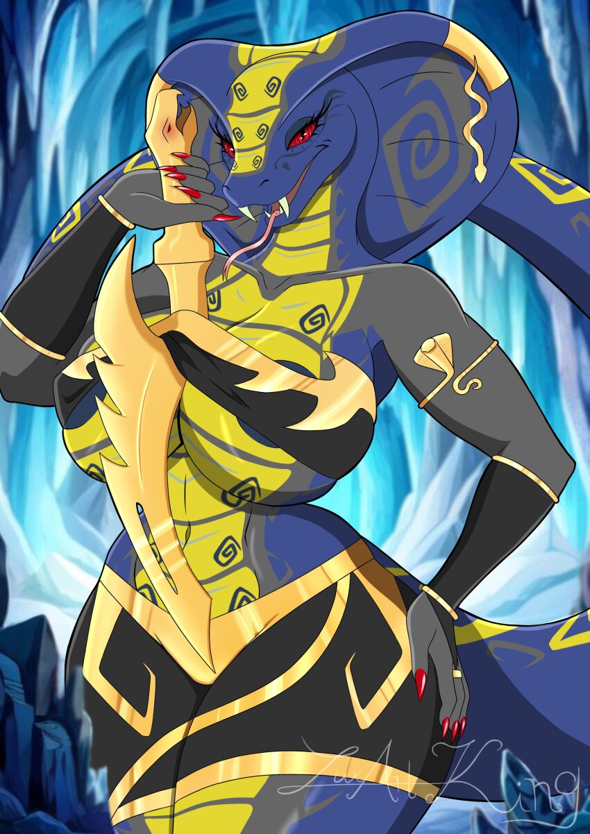 blue_skin femdom furry gold huge_breasts hypnobrai jewelry lego lego_ninjago luxartking red_eyes red_hair red_sclera scalie slithraa snake snake_girl solo spiral spiral_eyes sword tagme weapon