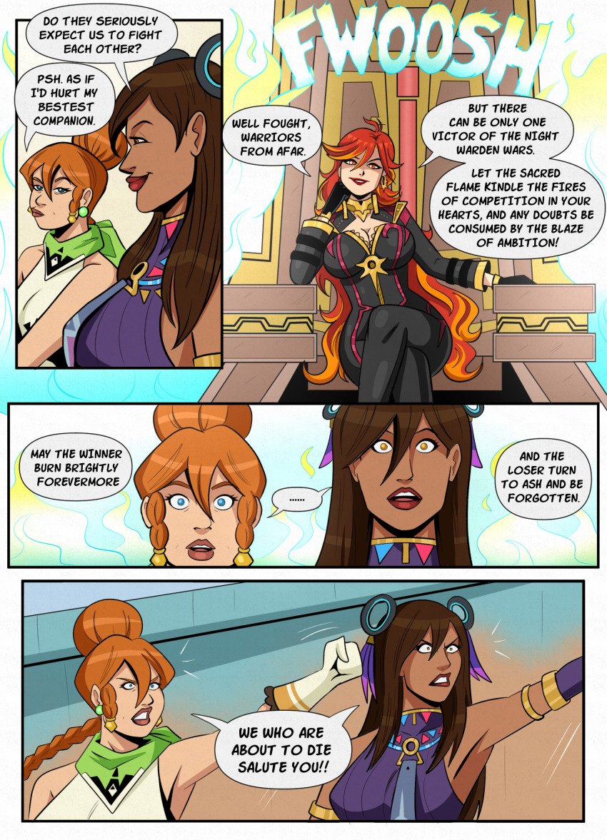 angry braid brown_hair cleavage cleavage_cutout comic dark_skin dazed dialogue english_text femdom femsub flame genshin_impact humor instant_loss leather long_hair mavuika_(genshin_impact) naz_(maurislave) original polmanning red_hair single_hair_bun speech_bubble svetta_(svettak92) text zipper