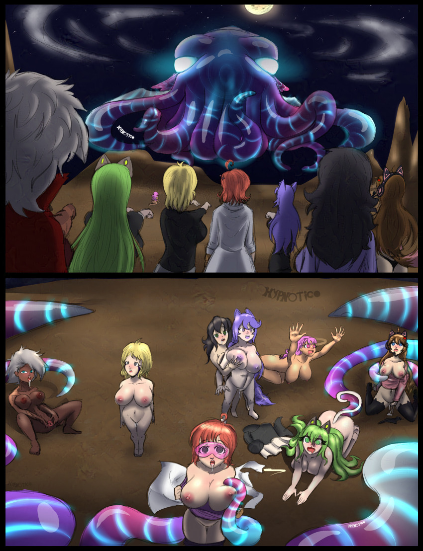 aiko_hajime_shin breast_grab breasts_outside comic drool floofy_(bluesfloofy) fox_ears fox_girl fox_tail green_eyes green_hair huge_breasts hypnotico large_breasts masturbation original pink_hair purple_eyes purple_hair pussy_juice saimin_(hypnotico) sonia_(the_goddess_sonia) tail tentacle_sex tentacles undressing watermark zombie_walk