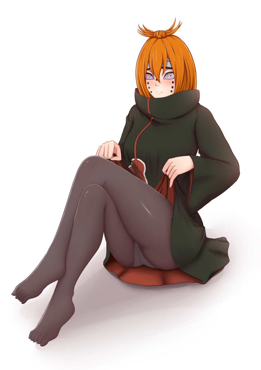 ajisai alternate_costume alternate_hair_color animal_path ass blush crossed_legs embarrassed femsub leggings legs looking_at_viewer maledom nagato_(naruto) naruto_(series) orange_hair pain_(naruto) pantyhose piercing possession purple_eyes rinnegan seisen short_hair simple_background skirt_lift symbol_in_eyes thighs tight_clothing