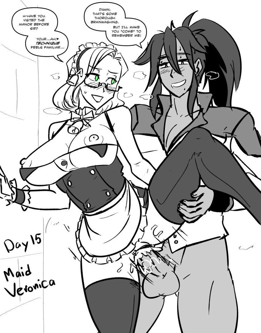 bell bell_collar blush bottomless bow_tie character_request cleavage collarbone corset cuffs cum cum_in_pussy erection eyebrows_visible_through_hair femsub glasses glowing_eyes green_eyes hypnovember large_breasts legs_up long_hair maid maid_headdress majinsfw maledom memory_alteration nipples no_bra no_panties open_clothes original ponytail pussy sex short_hair simple_background smile sweat t-shirt tan_skin text thighhighs thighs uniform vaginal veronica_nightingale_(majinsfw) white_background