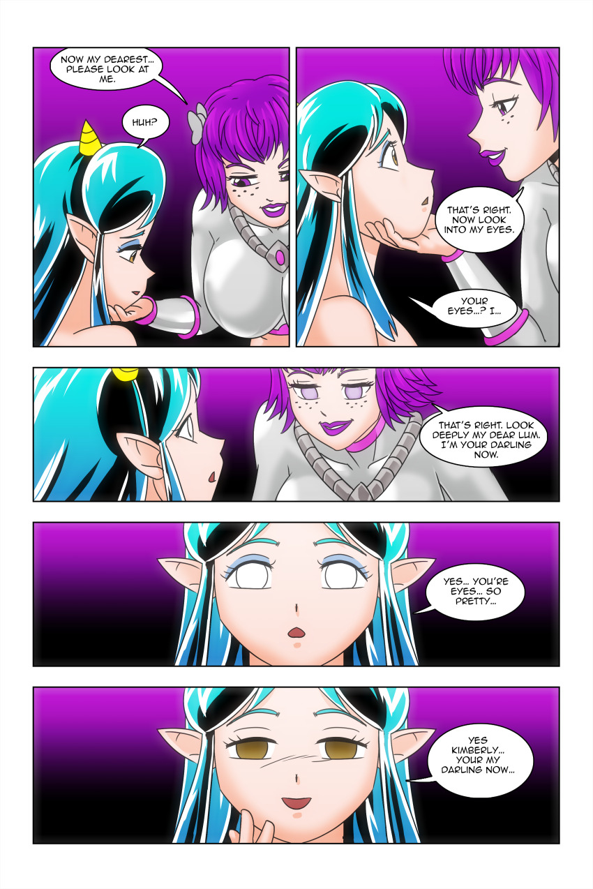 alien_girl bare_shoulders bow brown_eyes cleavage closed_eyes comic dialogue empty_eyes expressionless eyeshadow femdom femsub freckles glowing_eyes green_hair hand_on_another&#039;s_cheek happy_trance horns hypnotic_eyes kimberly_smith_(daveyboysmith9) large_breasts long_hair lum magic multicolored_hair oni_girl original purple_hair purple_lipstick short_hair smile story text urusei_yatsura wadevezecha whitewash_eyes