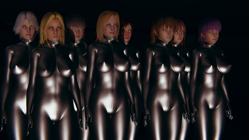 3d ayane_(dead_or_alive) bangs black_background blonde_hair bodysuit breasts brown_hair christie_(doa) collar dead_or_alive erect_nipples erect_nipples_under_clothes expressionless female_only femsub glowing_eyes graybot helena_douglas hitomi honoka_(doa) kasumi_(dead_or_alive) large_breasts long_hair mila_(dead_or_alive) multiple_girls multiple_subs pink_hair purple_hair red_hair short_hair simple_background standing standing_at_attention tech_control tight_clothing tina_armstrong user5928 white_hair whitewash_eyes zipper