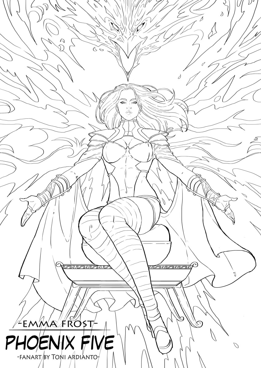 alternate_costume angry bird blonde_hair breasts cleavage cleavage_cutout corruption emma_frost english_text femsub flame greyscale long_hair looking_at_viewer marvel_comics phoenix phoenix_force possession sitting text thigh_boots thighhighs thighs toni_ardianto x-men