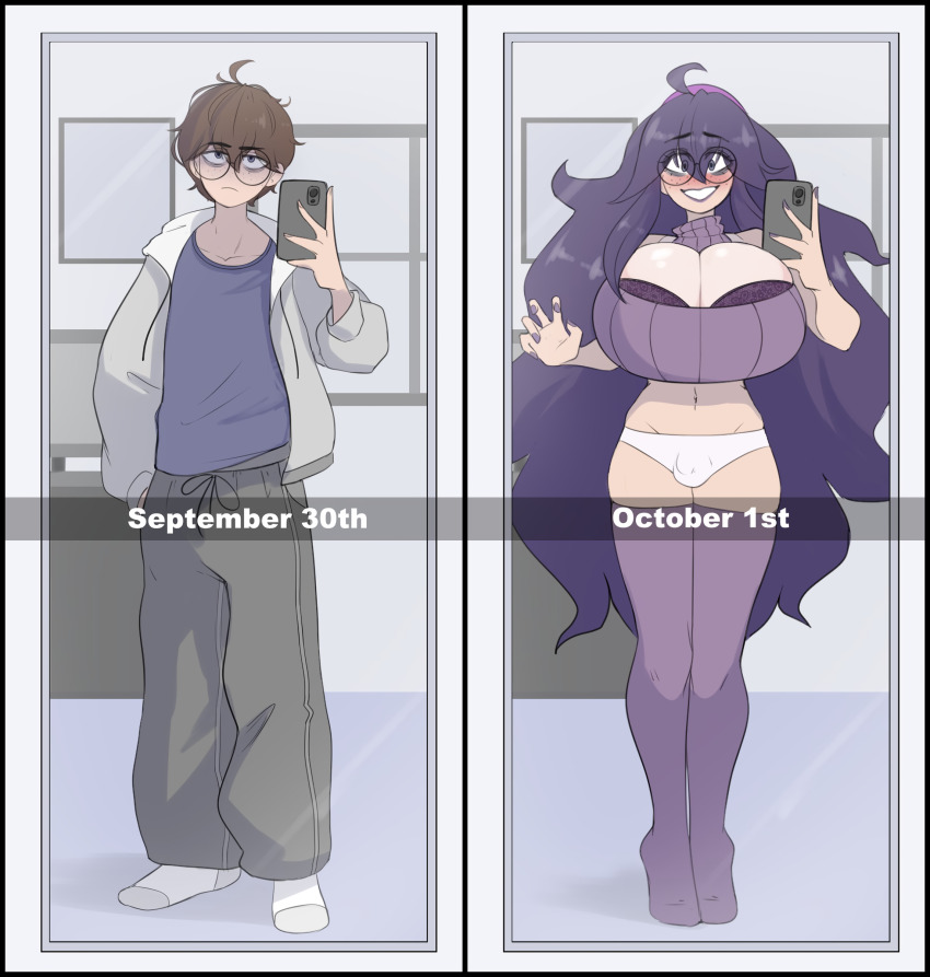 brown_hair bulge color cosplay crossdressing dialogue english_text fake_breasts femboy feminization freckles glasses hex_maniac hexification lipstick long_hair malesub meme mirror panties phone pokemon purple_hair sealguy selfie short_hair socks solo thighhighs