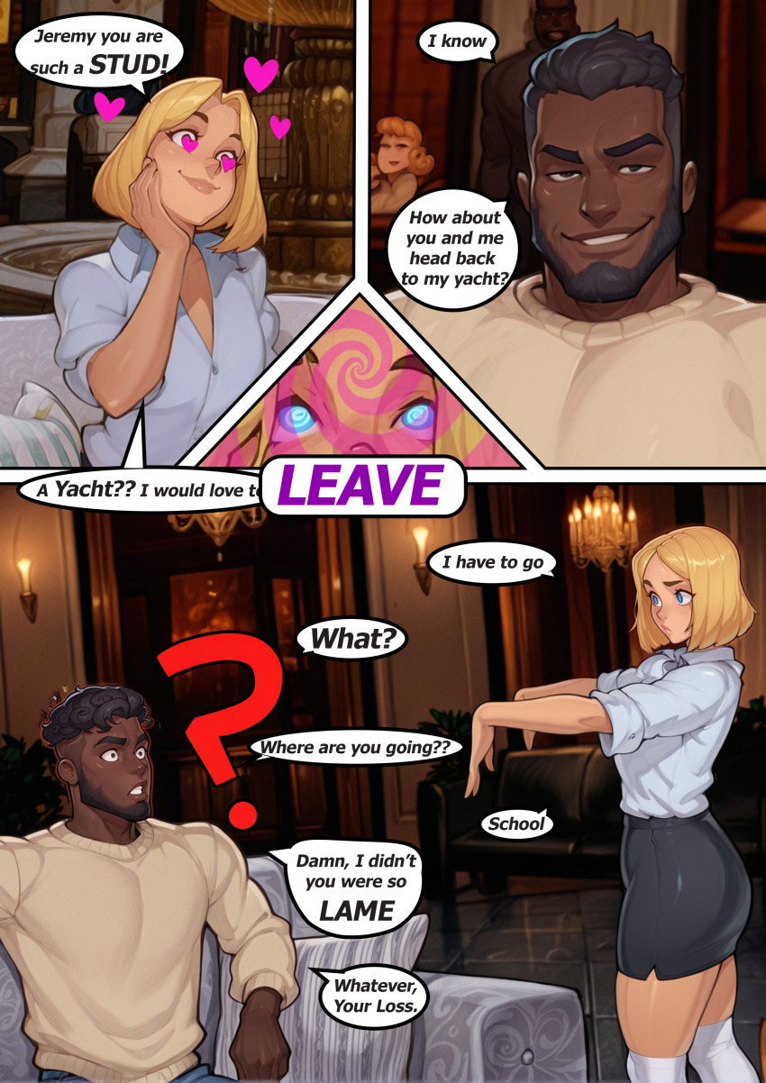 blonde_hair blue_eyes comic confused dark_skin femsub humiliation pantyhose sculptortusk short_hair skirt socks tagme trigger zombie_walk