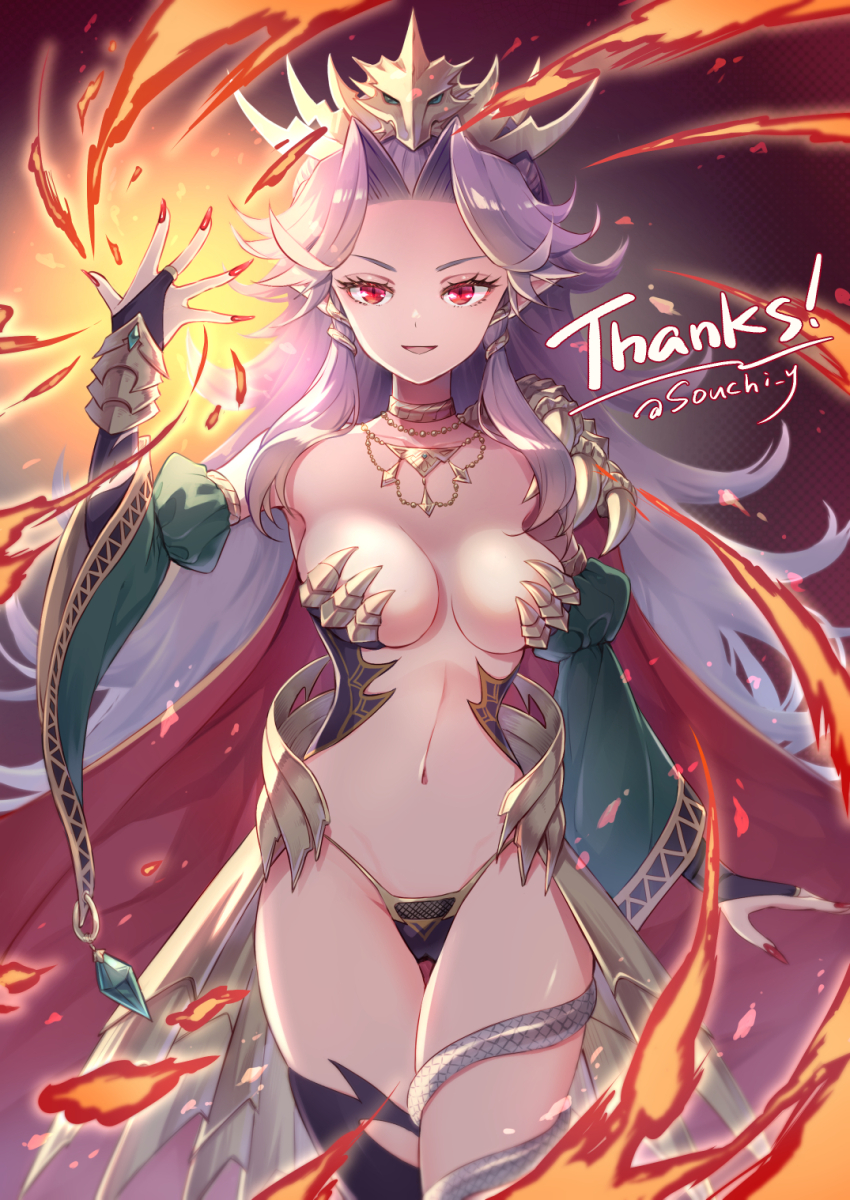 alternate_costume alternate_form angela_(mana) arm_warmers breasts cape cleavage corruption crown dragon_girl dragon_lord elf_ears english_text evil_smile eye_color_change femsub flame glowing happy_trance long_hair looking_at_viewer magic midriff nail_polish navel possession purple_hair red_eyes slit_pupils smile souchi_y square_enix text trials_of_mana wings
