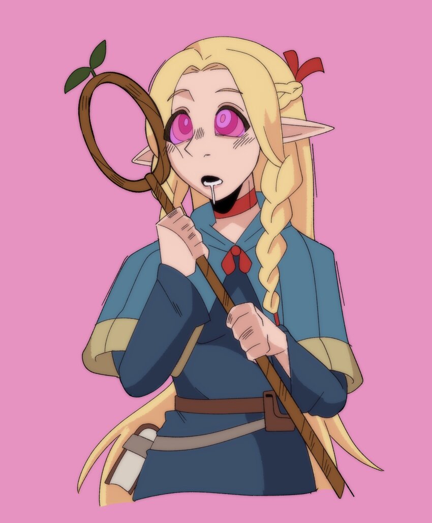 blonde_hair blush braid cheek_squish choker clothed collar dazed delicious_in_dungeon drool elf elf_ears femsub hair_ornament hair_ribbon hypnosalazzle kaa_eyes long_hair marcille_donato open_mouth pink_eyes ribbon robe simple_background staff standing twin_braids very_long_hair