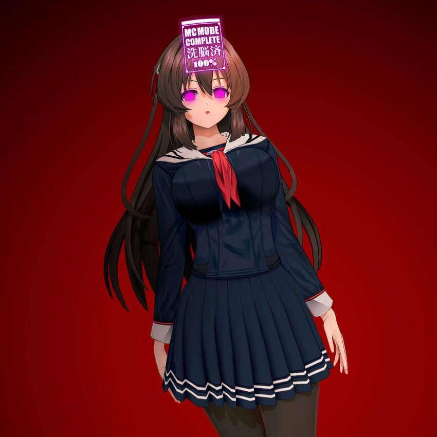 3d bangs breasts brown_hair control_indicator expressionless femsub glowing_eyes gradient_background japanese_text koikatsu! kouyoku_senki_exs-tia large_breasts long_hair marina_katsuragi moawi1 pantyhose pink_hair progress_indicator red_background school_uniform skirt standing text