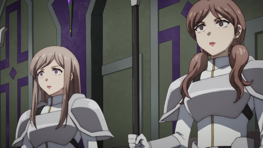 armor black_summoner brown_eyes brown_hair empty_eyes expressionless femsub gloves knight long_hair purple_eyes screenshot shrunken_irises standing standing_at_attention twintails