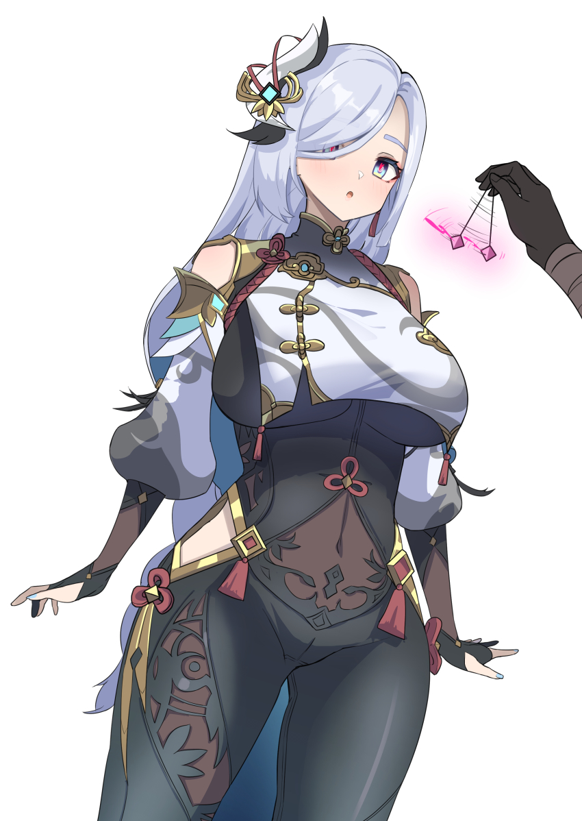 absurdres blue_eyes blush breasts clothed femsub fingerless_gloves genshin_impact gloves glowing hair_ornament heart_eyes hip_vents large_breasts navel open_mouth opera_gloves pendulum see-through shenhe_(genshin_impact) simple_background symbol_in_eyes tight_clothing very_long_hair white_background white_hair ynfkin