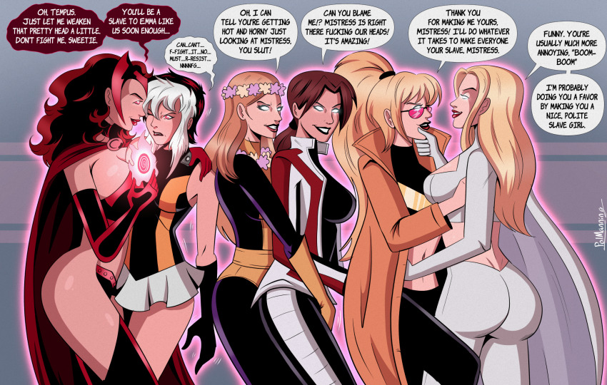 black_hair blonde_hair brown_hair cape cleavage comic corruption emma_frost female_only femdom femsub flower flower_crown flower_in_hair glasses gloves glowing_eyes harem headdress long_hair marvel_comics melody_guthrie_(x-men) polmanning ponytail short_hair skirt smile speech_bubble spiral sunglasses super_hero tabitha_smith telepathy tempus_(x-men) text wanda_maximoff white_hair wind_dancer_(x-men) x-men