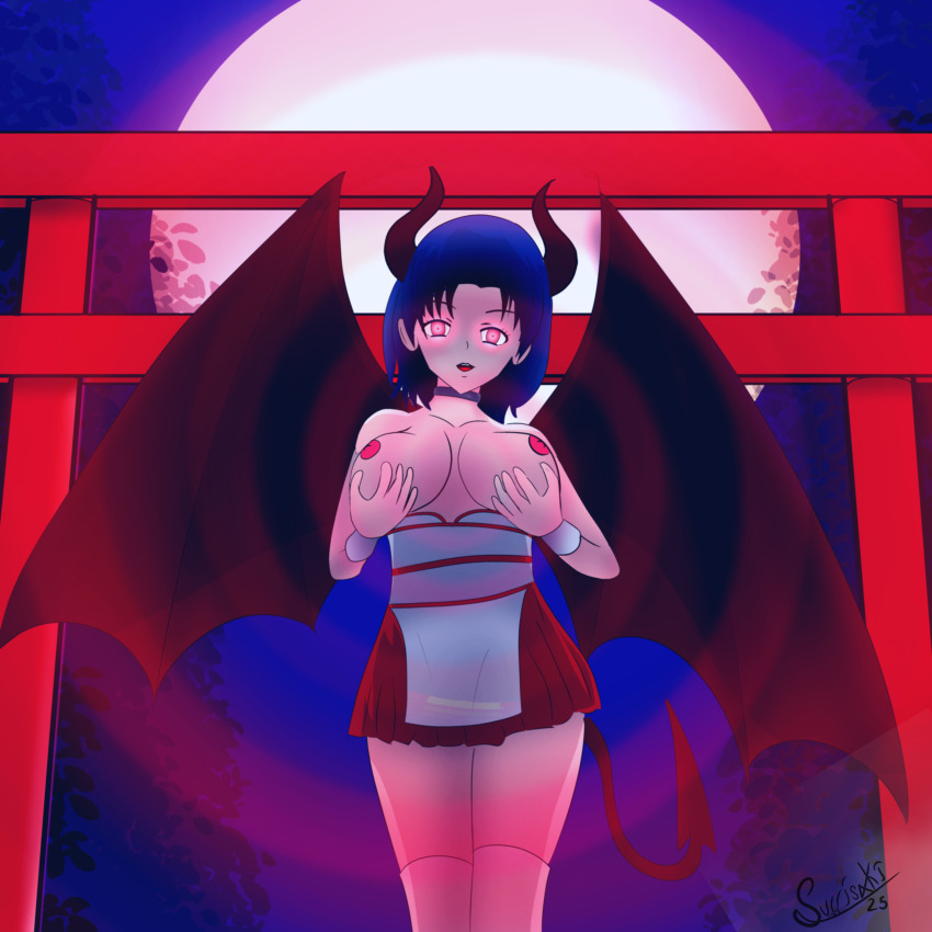 absurdres ambiguous_pov blue_hair breast_grab breasts character_request demon_girl femsub glowing_eyes holding_breasts horns hypnotized_hypnotist night nipples original outdoors pov pov_sub red_eyes shrine_maiden skirt succubus surrisaki tagme tail thighhighs thighs wings
