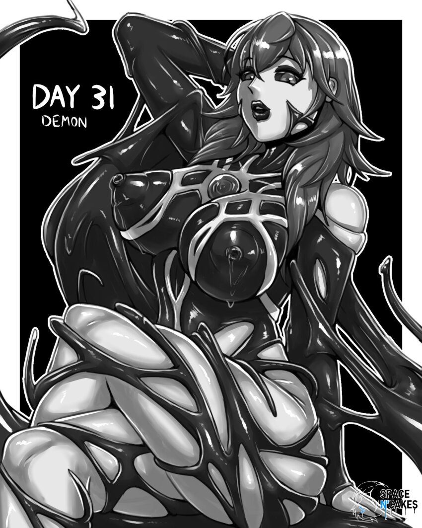 alien alternate_costume alternate_hair_color androgynous_dom arms_above_head bare_shoulders black_background black_hair black_lipstick black_sclera breasts byleth_eisner corruption crossed_legs crossover english_text eyeshadow femsub fire_emblem fire_emblem_three_houses lactation large_breasts lipstick living_costume long_hair looking_at_viewer marvel_comics nintendo nipples parasite possession sitting slime spacen&#039;cake spider-man_(series) symbiote tentacles text thick_thighs thighs venom_(marvel)