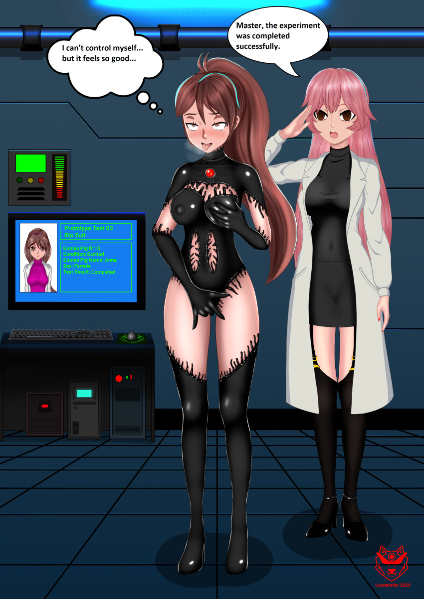 ahegao angry anna_(daehy) barefoot blush bottomless brown_hair corruption empty_eyes erect_nipples eye_roll femsub fingering garter_straps gloves groping happy_trance high_heels hypnotized_assistant kiu_(kiuflorete) lab_coat large_breasts latex living_costume lobo_(lobotomist) lobotomist maledom masturbation multiple_girls multiple_subs original panting parasite pink_hair ponytail progress_indicator saluting shrunken_irises standing standing_at_attention symbiote text tight_clothing topless visor