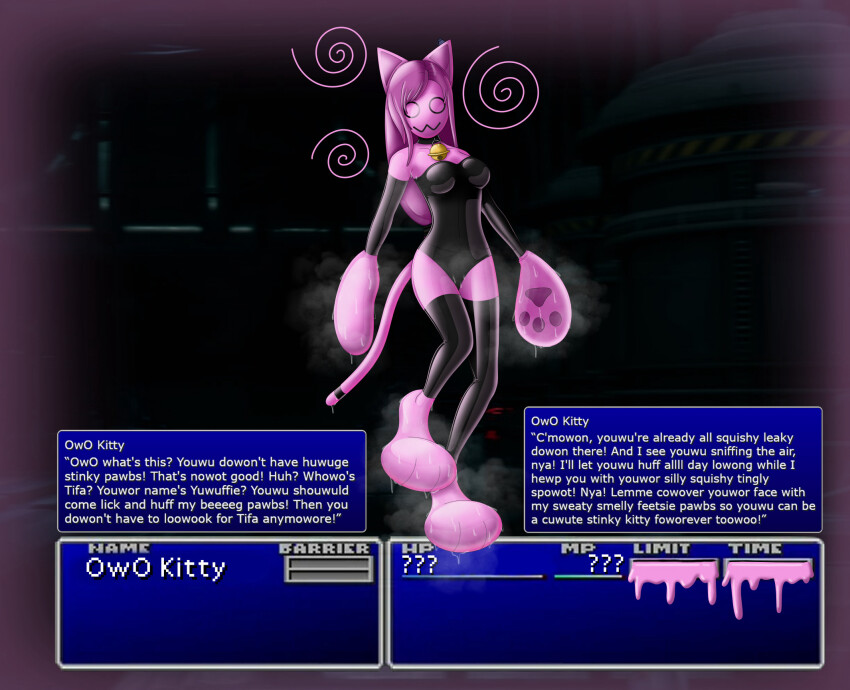 alternate_costume alternate_form alternate_hair_color bare_shoulders bell bell_collar cat_ears cat_girl cat_tail collar corruption enemy_conversion english_text femsub final_fantasy final_fantasy_vii gameplay_mechanics latex leotard long_hair looking_at_viewer navel paws pink_hair pink_skin slime spiral square_enix squeaky-sin symbol tail text thighhighs thighs tifa_lockhart transformation