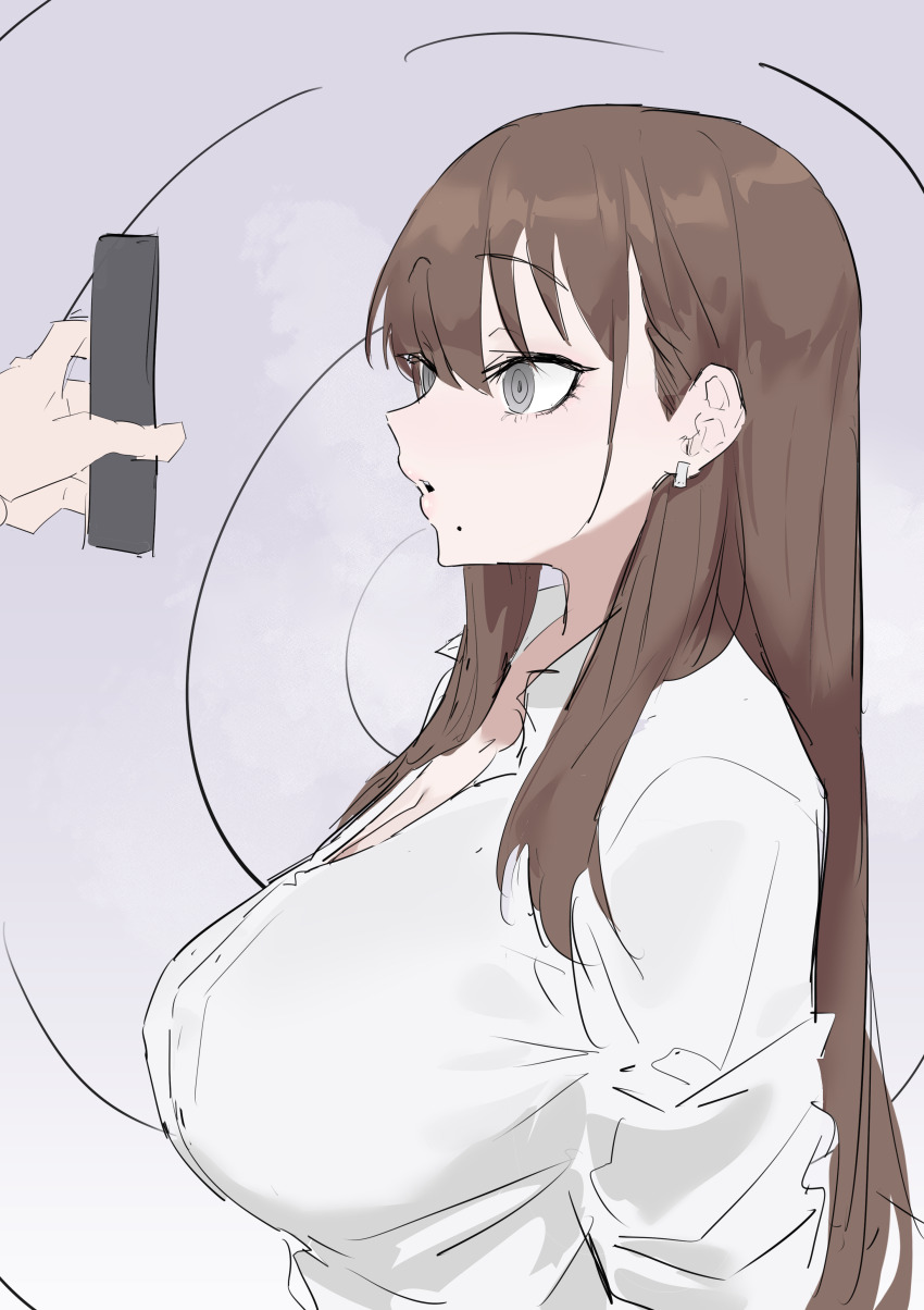 absurdres breasts brown_hair cell_phone chair clothed crossed_legs debimbofication earrings femsub grey_eyes huge_breasts hypnotic_app hypnotic_screen maledom mole nerdification original phone seoyong sequence simple_background sitting skirt student sweat teacher thighhighs white_background