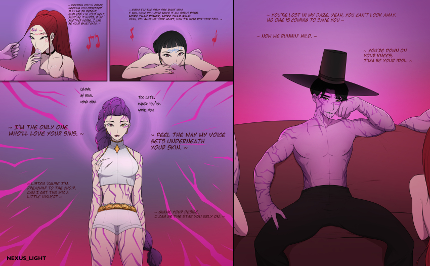 absurdres black_hair body_writing braid corruption cum cum_in_mouth cum_on_breasts cum_on_face demon_boy drool empty_eyes english_text expressionless fellatio femsub glowing_eyes hat hypnotic_audio hypnotic_music jewelry jimu_(kpop_demon_hunters) kpop_demon_hunters long_hair maledom mira_(kpop_demon_hunters) multiple_girls multiple_subs nexus_light nude open_mouth oral purple_hair red_hair rumi_(kpop_demon_huunters) sex short_hair signature singing tattoo text very_long_hair zoey_(kpop_demon_hunters)