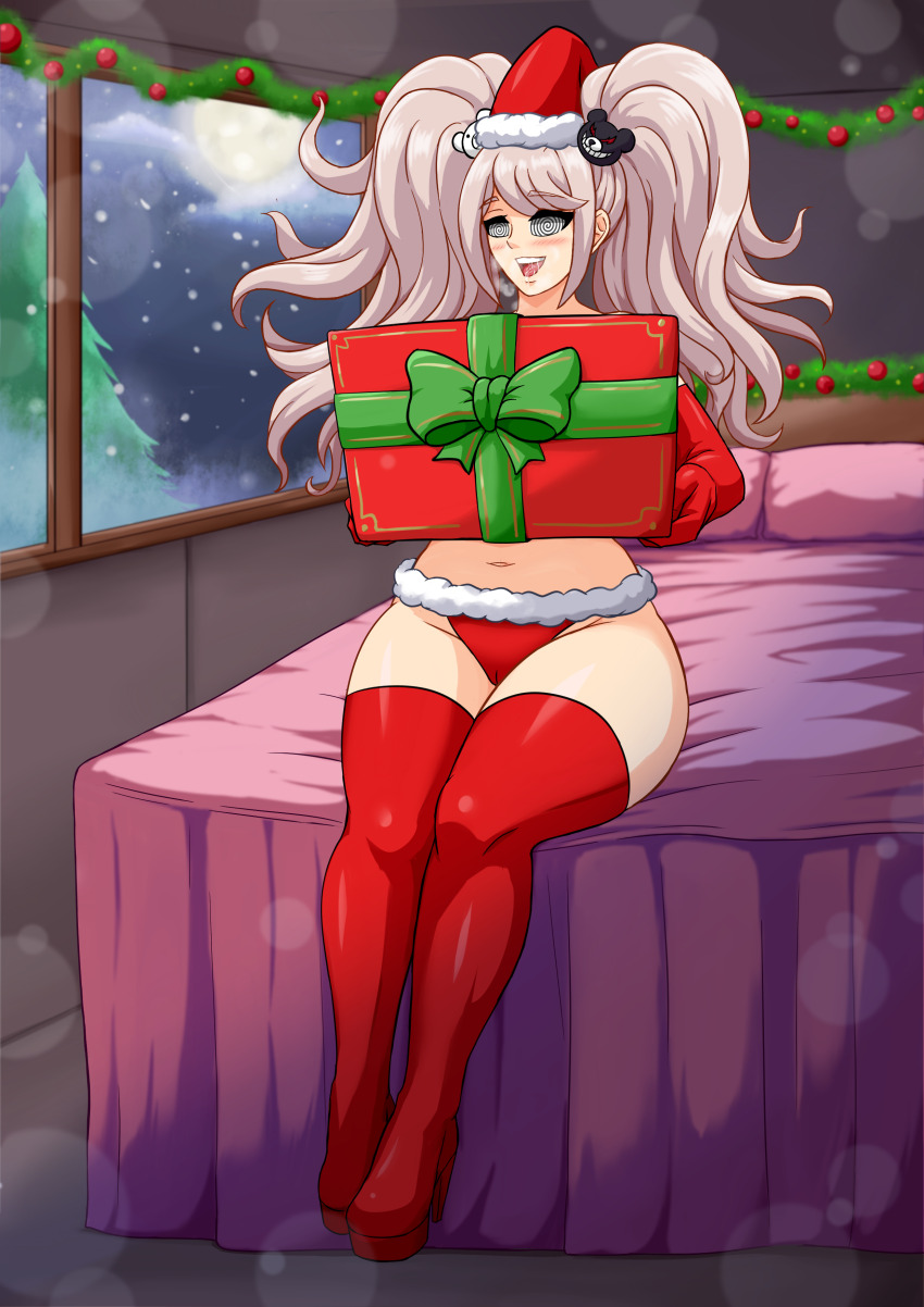 absurdres bed blush christmas complex_background dangan_ronpa drool female_only femsub gift gloves high_heels junko_enoshima long_hair open_mouth opera_gloves pillow rud-k santa_costume santa_hat sitting solo spiral_eyes thighhighs twintails