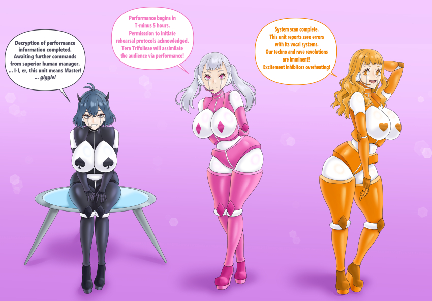 black_clover black_eyes black_hair breasts dialogue female_only fembot femsub happy_trance horns large_breasts long_hair microphone mimosa_vermillion monowl23 multiple_girls multiple_subs nero_(black_clover) noelle_silva open_mouth orange_eyes orange_hair pink_eyes robot robot_girl robotization short_hair sitting smile standing table text twintails white_hair