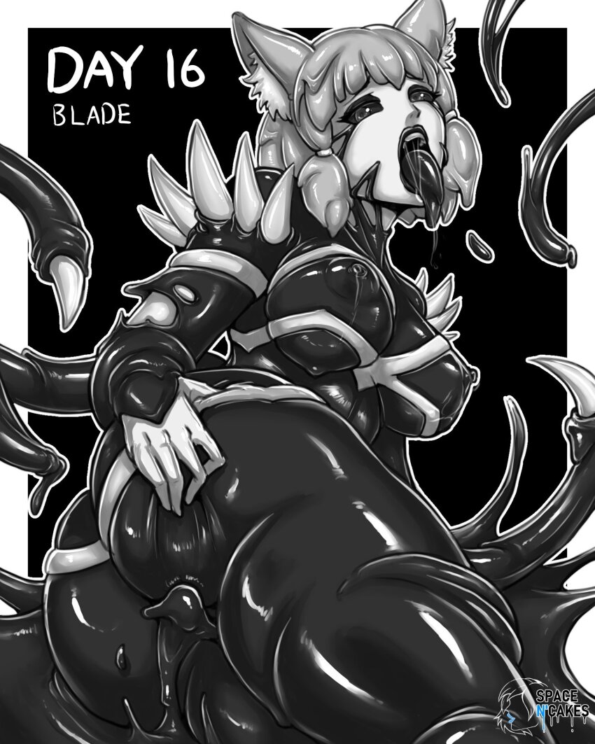 alien alternate_color_scheme alternate_costume alternate_hairstyle androgynous_dom ass ass_focus ass_grab black_background black_lipstick black_sclera breasts cat_ears cat_girl corruption crossover english_text eyeshadow fangs femsub greyscale large_ass large_breasts lipstick living_costume looking_at_viewer looking_back marvel_comics nia_(xenoblade) nintendo nipples open_mouth parasite possession slime spacen&#039;cake spider-man_(series) symbiote tentacles text tongue tongue_out venom_(marvel) xenoblade_chronicles xenoblade_chronicles_2