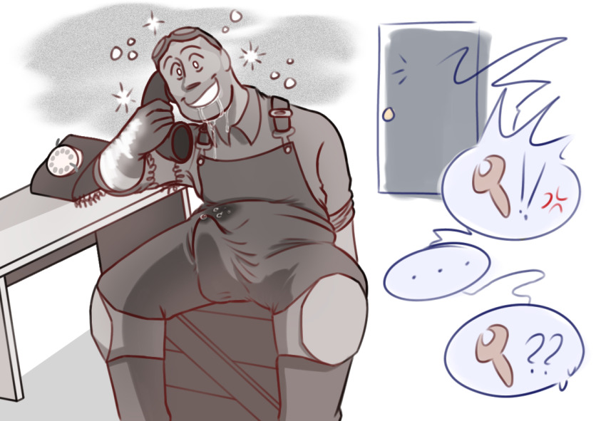 androgynous_dom bald brain_drain dazed drool engineer_(team_fortress_2) erection erection_under_clothes happy_trance hypnotic_audio male_only malesub monochrome phone precum sitting smile sniping-sharko spread_legs team_fortress_2 unfocused_eyes