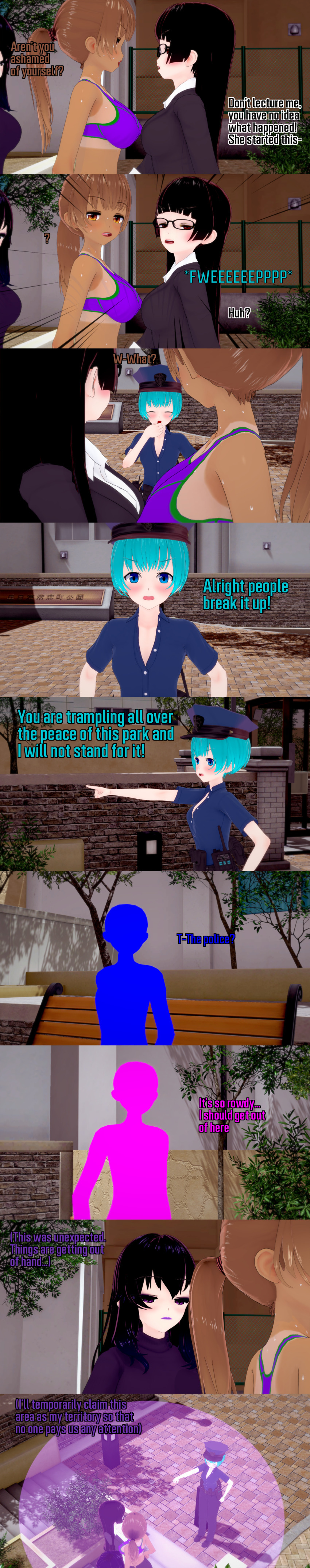 3d absurdres altered_perception angry black_hair blue_eyes blue_hair blush brown_eyes brown_hair closed_eyes clothed dialogue english_text femdom femsub glasses long_hair malesub multiple_girls multiple_subs ophelia's_dollhouse ophelia_(ophelia's_dollhouse) police_uniform policewoman ponytail purple_eyes sportswear sweat tan_lines tan_skin text uniform zenin1