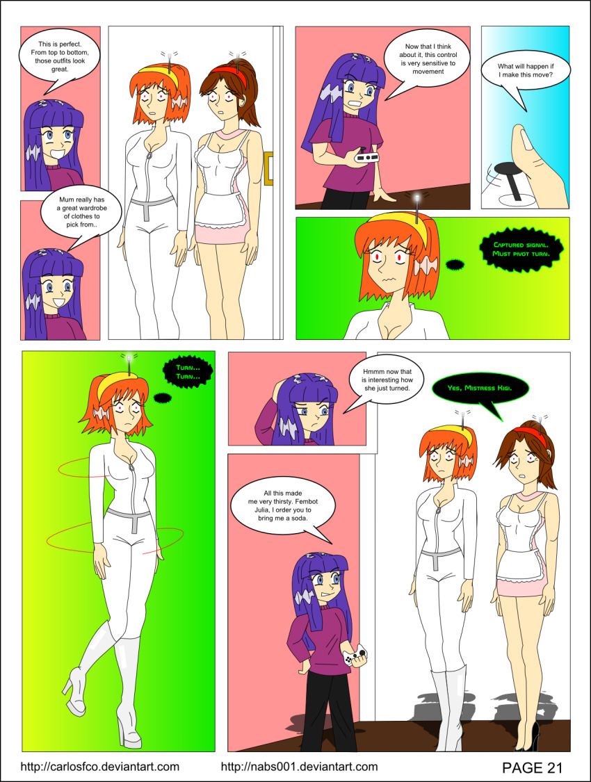 april_o&#039;neil brown_hair carlosfco comic dialogue fembot femdom femsub julia_(carlosfco) kigi_(carlosfco) large_breasts long_hair maid nabs001_(colorist) orange_hair original purple_hair short_hair tech_control teenage_mutant_ninja_turtles text