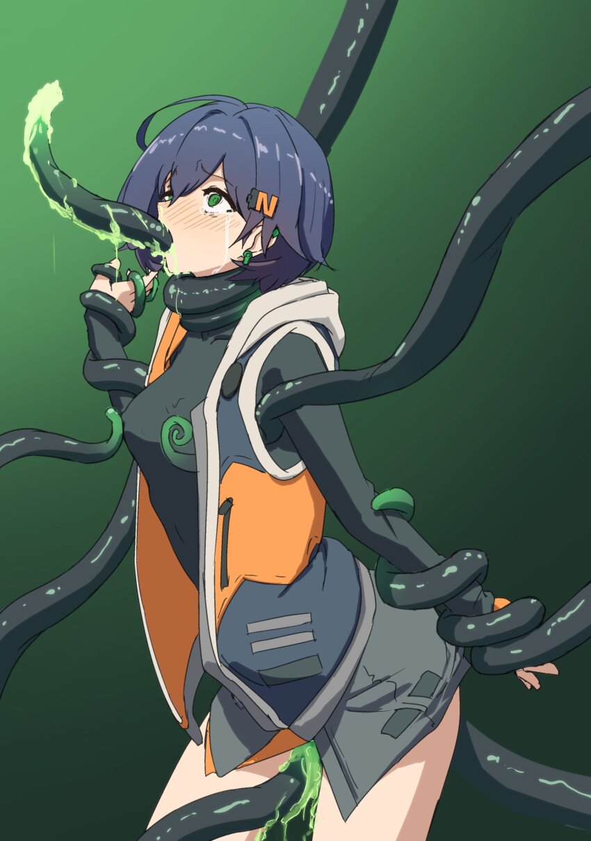 ahoge all_the_way_through before_and_after belle_(zenless_zone_zero) blue_hair blush choking earrings empty_eyes eye_roll female_only femsub gradient_background green_background green_eyes hair_ornament nipple_tweak r_xviiitraining short_hair shrunken_irises simple_background solo tears tentacle_in_mouth tentacle_sex tentacles vaginal zenless_zone_zero