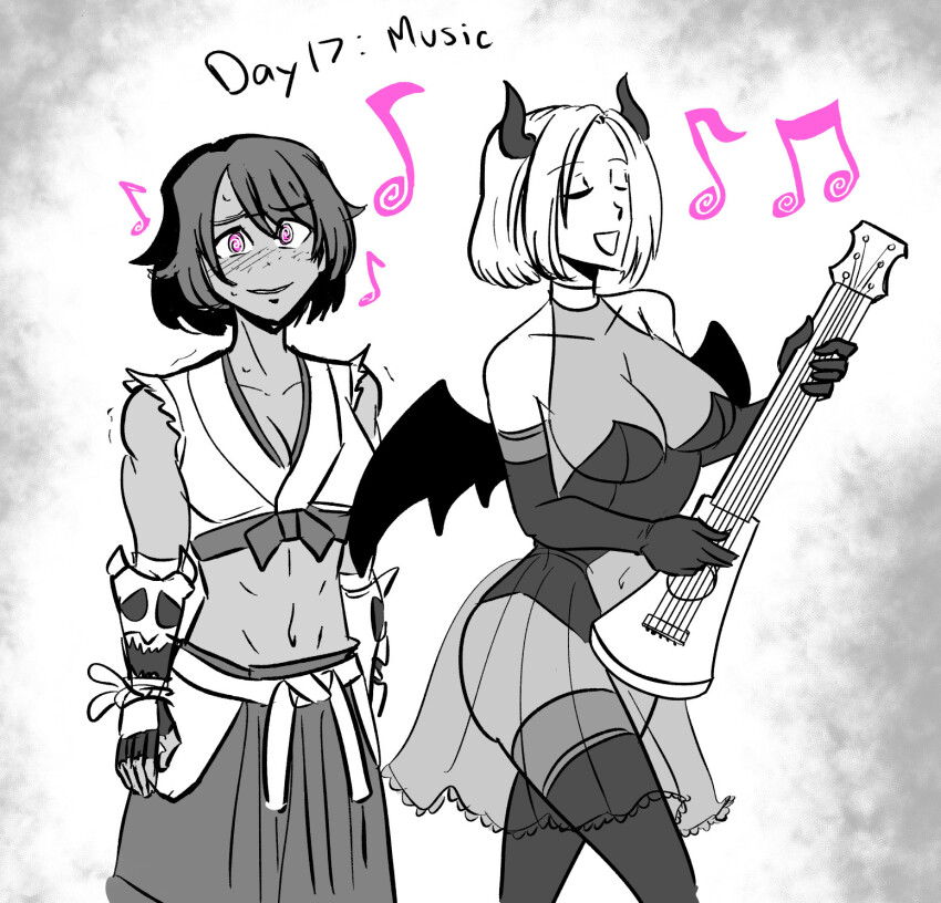 belt blush bracers character_request cleavage closed_eyes collarbone crop_top dark_skin eyebrows_visible_through_hair female_only femdom femsub fingerless_gloves freckles happy_trance horns hypnotic_music hypnovember instrument large_breasts leotard majinsfw midriff multicolored_eyes navel opera_gloves original pink_eyes see-through short_hair simple_background singing skirt smile spiral_eyes sweat symbol_in_eyes thighhighs white_background wide_hips wings