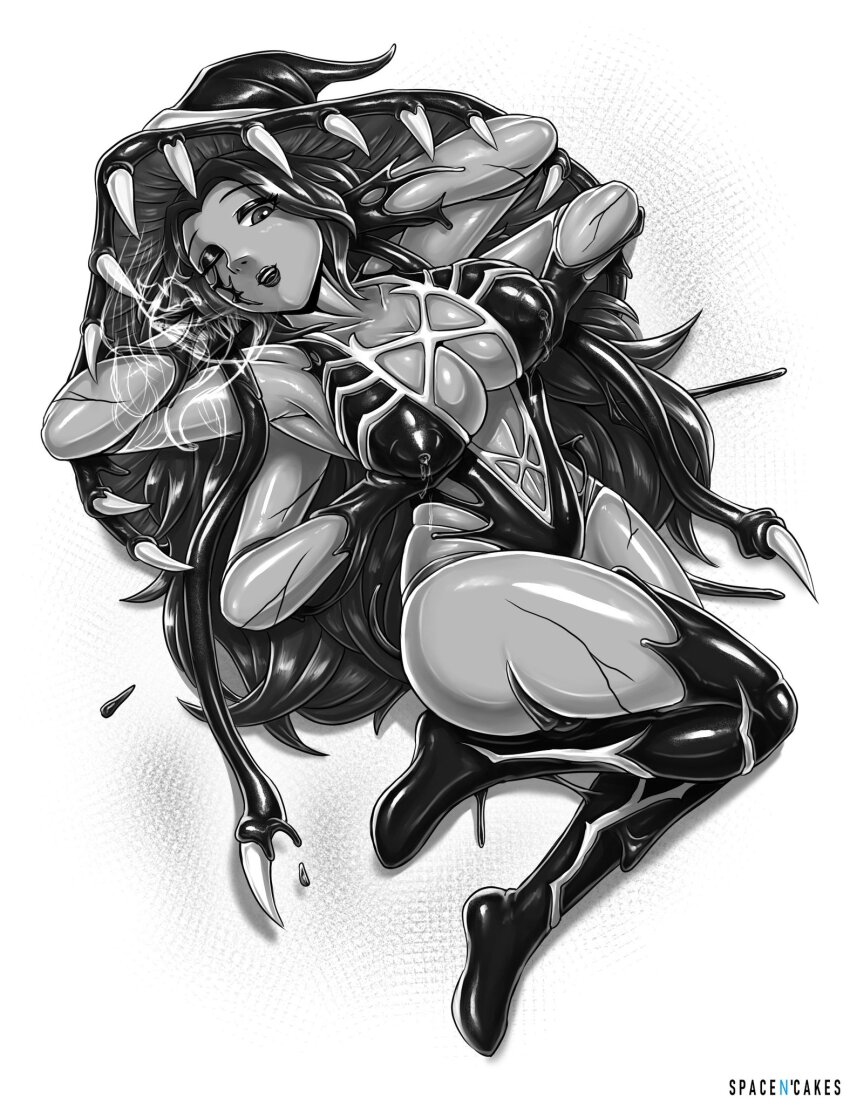 alien alternate_costume alternate_hair_color androgynous_dom black_hair black_lipstick breasts cleavage corruption crossover elden_ring english_text eyeshadow fangs femsub greyscale happy_trance hat holding_breasts lactation large_breasts legs lipstick living_costume long_hair lying marvel_comics midriff nipples one_eye_open open_mouth parasite possession puppet ranni_(elden_ring) slime smile spacen'cake spider-man_(series) symbiote tentacles text thick_thighs thighhighs thighs venom_(marvel) white_background