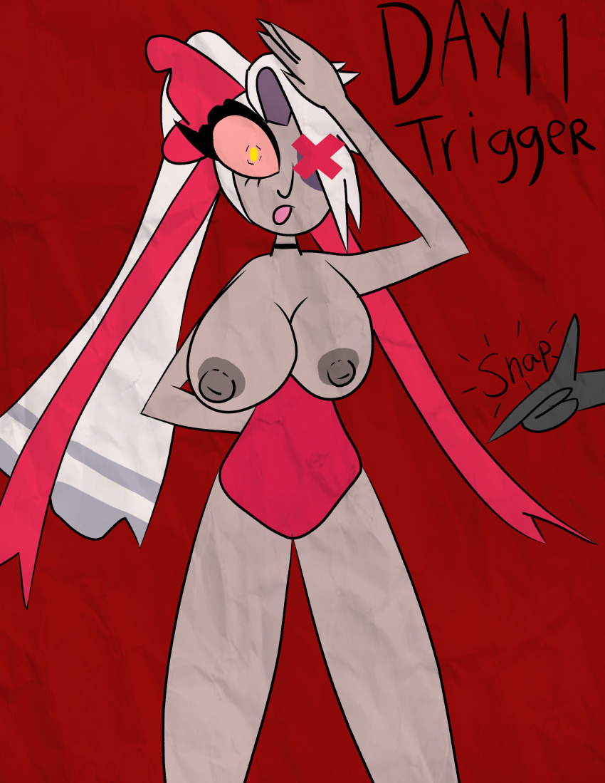 bow breasts exposed_chest expressionless finger_snap hazbin_hotel hypnovember ponytail standing_at_attention tcross vaggie_(hazbin_hotel)