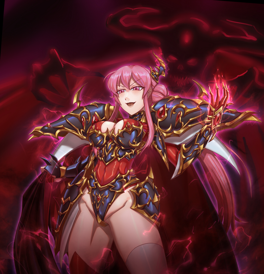 almeda_(langrisser) alternate_costume armor aura blush bozel_(langrisser) breasts cape chaos_(langrisser) claws cleavage cleavage_cutout corruption evil_smile femsub glowing happy_trance horns langrisser leebigtree long_hair pink_eyes pink_hair possession red_eyes smile thighhighs thighs