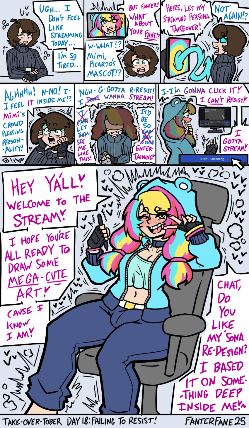 absurdres blue_eyes blush brown_hair bulge choker comic crop_top dialogue eyebrows_visible_through_hair fanterfane happy_trance hoodie malesub multicolored_hair navel pants possession resisting smile text trembling twintails v yellow_eyes