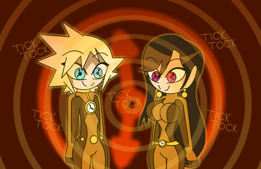 arms_behind_back belt black_hair blonde_hair blue_eyes bodysuit brown_background choker clock cloud_strife drone earrings eyebrows_visible_through_hair femsub final_fantasy final_fantasy_vii happy_trance hypnoscream jewelry large_breasts long_hair malesub necklace red_eyes ring_background smile standing symbol_in_eyes text tick-tock_saying tifa_lockhart wide_hips