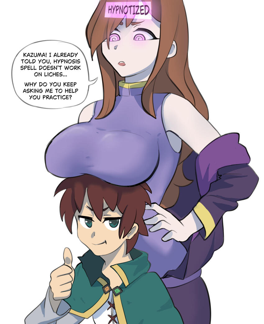 brown_hair dialogue glatu kazuma_satou kono_subarashii_sekai_ni_shukufuku_wo! long_hair maledom short_hair spiral_eyes text wiz_(konosuba)