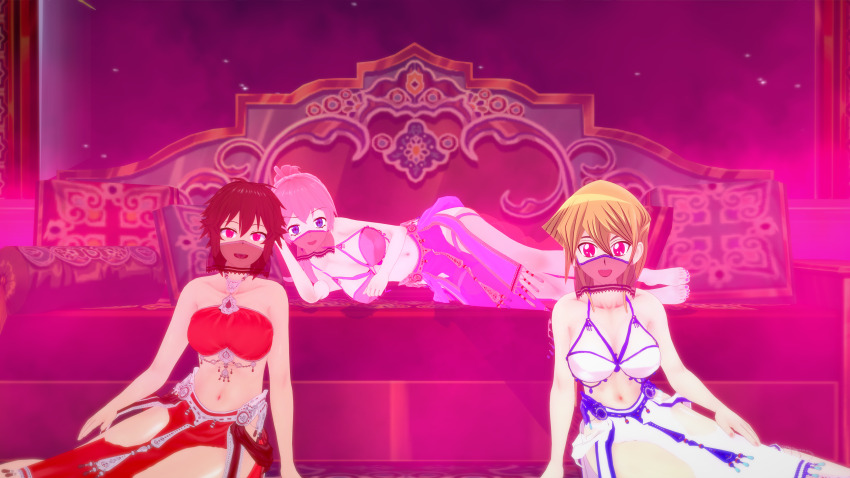 3d alexis_rhodes alternate_costume aphrodisiac bare_legs bare_shoulders barefoot blonde_hair blue_eyes cleavage couch crossover eye_color_change female_only femdom femsub genie happy_trance harem_outfit hip_vents koikatsu! large_breasts legs looking_at_viewer lying midriff mira_(thatguysly) nail_polish navel original pink_hair red_eyes red_hair smile thatguysly toenail_polish tomo-chan_is_a_girl tomo_aizawa veil yu-gi-oh! yu-gi-oh!_gx