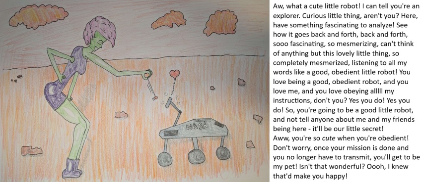 alien_girl androgynous_sub bare_legs caption character_request closed_eyes copyright_request dress english_text femdom green_skin heart legs multiple_arms pendulum pink_hair robot sunt-ermico_(artist) sunt-ermico_(manipper) text